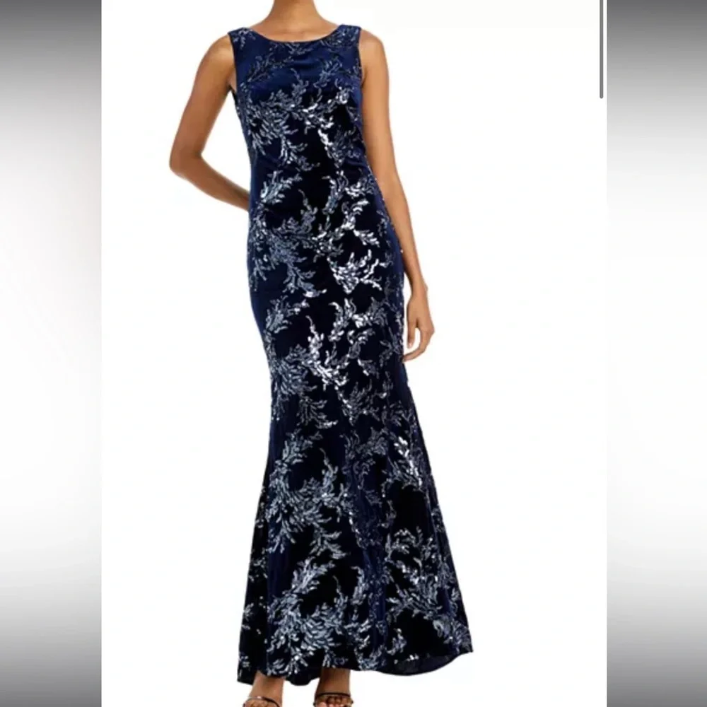ELIZA J Sequin Embellished Evening Gown Navy Size 4 Mermaid Sequins Velour - Picture 5 of 15